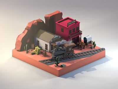 Wild West 3d 3dart 3dillustration 3dmodeling cinema4d desert diorama illustration isometric low poly lowpoly lowpolyart railroad renders train wild west