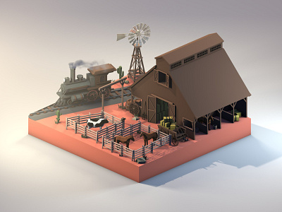 Wild West Farm 3d 3dart 3dillustration 3dmodeling barn cinema4d cow diorama farm horse illustration isometric low poly lowpoly lowpolyart renders train western wild west windmill