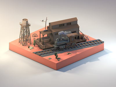Wild West Train Station 3d 3dillustration 3dmodeling cinema4d diorama illustration isometric low poly lowpoly lowpolyart railway renders train water tower western wild west