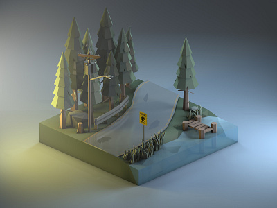 The Forest Road 3d 3dillustration 3dmodeling cinema4d diorama forest illustration isometric low poly lowpoly lowpolyart renders road usa wood