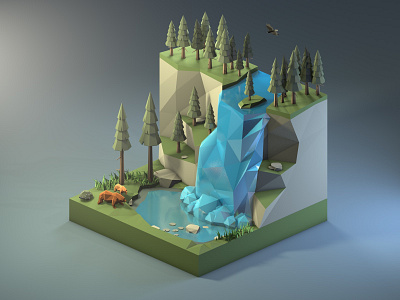 The Waterfall Low Poly 3d 3denvironment 3dillustration 3dmodeling bear cinema4d diorama environment illustration isometric low poly lowpoly lowpolyart nature pine renders waterfall