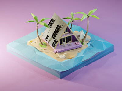 House on the Island 3d 3dillustration 3dmodeling b3d blender3d diorama house illustration island isometric low poly lowpoly lowpolyart palm render renders tropical