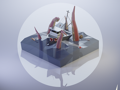 Kraken 3d 3dillustration 3dmodeling b3d blender3d diorama illustration isometric low poly lowpoly lowpolyart ocean render rendering renders sea ship storm