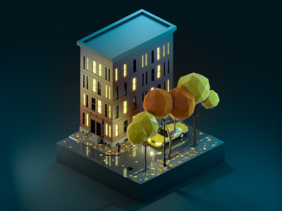 Autumn City Street At Night 3d 3dillustration 3dmodeling autumn autumn leaves building city diorama illustration isometric low poly lowpoly lowpolyart newyork night ny render renders street taxi