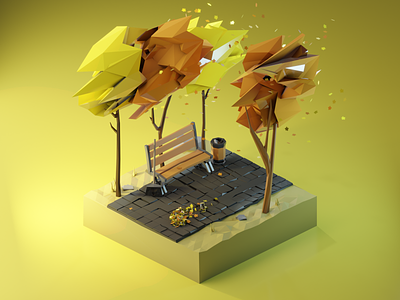 Autumn Park Alley 3d 3dillustration 3dmodeling autumn b3d bench blender3d diorama illustration isometric leaves low poly lowpoly lowpolyart render renders