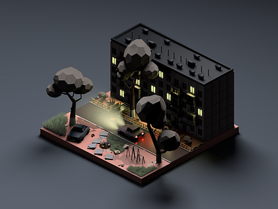 Old russian apartment building (Night version) 3d apartment cinema4d diorama flat illustration isometric lowpoly lowpolyart night render renders russia yard