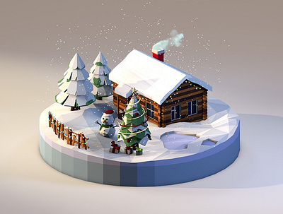 Christmas house 2020 3d 3dillustration 3dmodeling christmas cinema4d diorama house hut illustration isometric lowpoly lowpolyart merrychristmas newyear night render renders snowman spruce