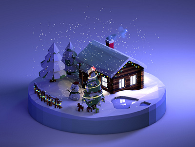 Christmas house Low Poly (Night version) 2020 3d 3dillustration christmas christmas tree cinema4d diorama house illustration isometric isometric art isometric illustration lowpoly lowpolyart newyear night renders snowman spruce winter