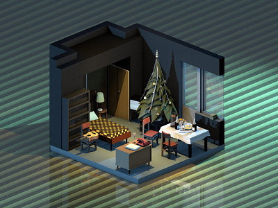 A Soviet room 3d 3dillustration 3dmodeling christmas cinema4d diorama illustration isometric low poly lowpoly lowpolyart lowpolygon new year render renders russia