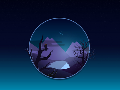 Owl bird black blue circle firewatch gradient lake landscape moon moonlight mountain owl purple river tree