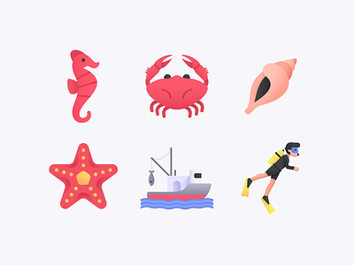 Sea Icon Set boat crab diver diving fish fishing ocean sea seahorse sealife shell starfish summer vacations