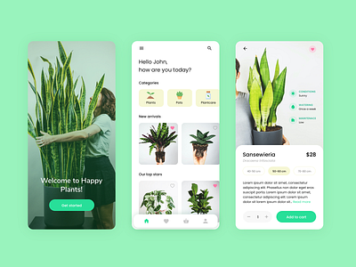 Happy plants🌱 - mobile app design💚 app clean clean ui graphic design green illustration minimal mobile plant app plants product design trending ui ux