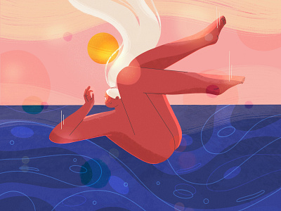 Dive into what you love 2d 2d character blue characterdesign concept design digital illustration dive flat flat illustration fun girl character graphics illustration pink procreateapp swimming warm water winking