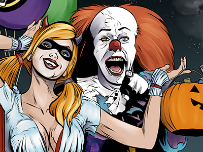 Harley Quinn & Pennywise Halloween batman comics halloween harley quinn illustration it the clown pennywise pinup