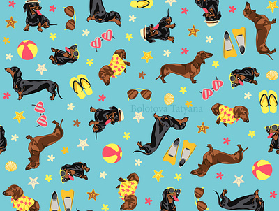 Vacation Dachshund Seamless Pattern apparel graphics dachshund design fabric design fabric pattern fabric print illustraion illustration art image for textile repeat pattern repeating dog repeating pattern seamless pattern vacation