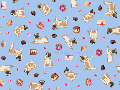 Pug Sweets Seamless Pattern apparel graphics apparel print design fabric design fabric pattern fabric print illustration repeat pattern repeating pattern seamless pattern