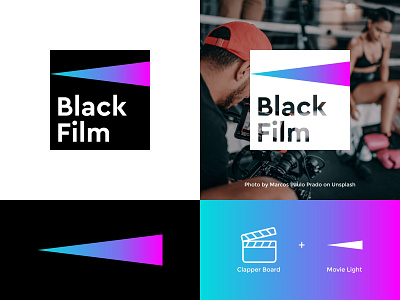 Black Film Logo - Movie Studio brand design brand identity branding design film flat geometry gradient logo logotype minimal movie simplelogo studio typography