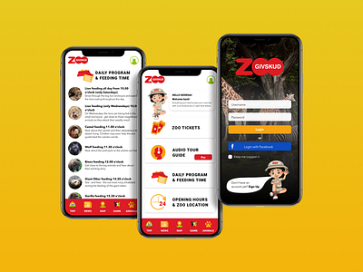 Application design | Givskud Zoo animals app app design application application design colorful education illustration nav bar navigation red safari safari park tickets ui ui design yellow zoo zoo application