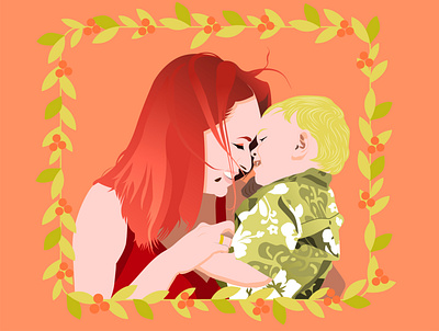 Mommy and baby and baby cg color flat green happiness illustration little mom mommy orange red vektor web white