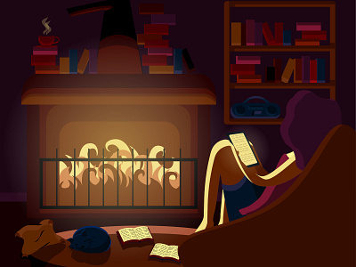 Cozy evening art artwork cat cg color cozy design drawing dribbble evening fireplace flat girl illustration vektor