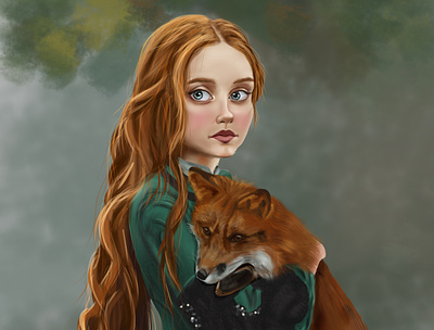 The girl with fox digital painting animal animal art artwork digital painting digitalart fox girl graphic tablet green huion illustration nature painting photoshop