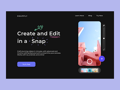 Snapply Video Editor clean ui dark mode dark ui design minimal playful video editor web design website