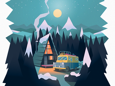 Dream Cabin cabins chill cosy fireplace illustration illustrator mountain snow truck vector vectorart winter