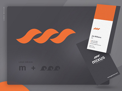 Logo Design Mixus branding business card design gray logo m mixus orange waves