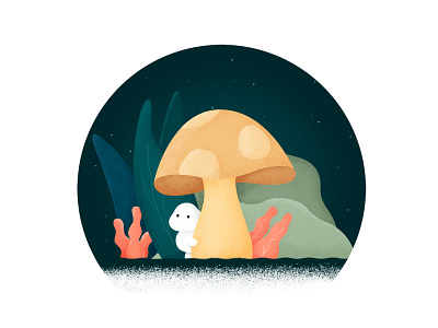 Shy Mushroom grain illustration leaves mushroom night noise shy