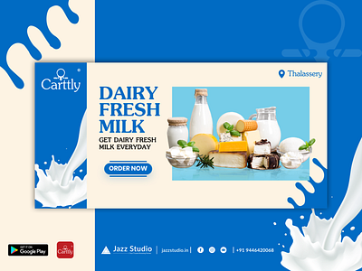 Carttly App UI Design Banner app appdesign banner blue branding brandingreimagined carttly delivery google play store jazzstudio milk thalassery ui uidesign ux