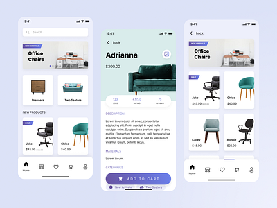 Furniture Store Mobile UI clean design e commerce furniture interface pastel product store ui design