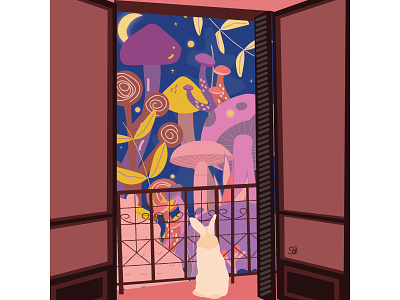 Magical Night ✨🔮🐰🍄 adobe illustrator blacony digital illustration flat illustration flatdesign illustration mushroom rabbit vector design whimsical whimsy