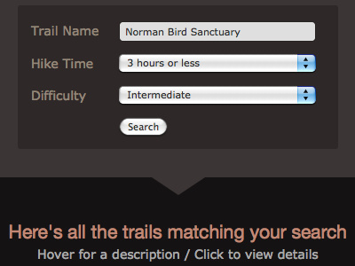 RIR trails list search form, rebounded css arrow form hiking rhode island ri search trails
