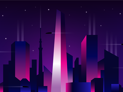 Night Cyber Tokyo city cityscape concept cyberpunk design flying car gradients illumination illustration lights night purple scape sky skyscraper stars tokyo tower vector