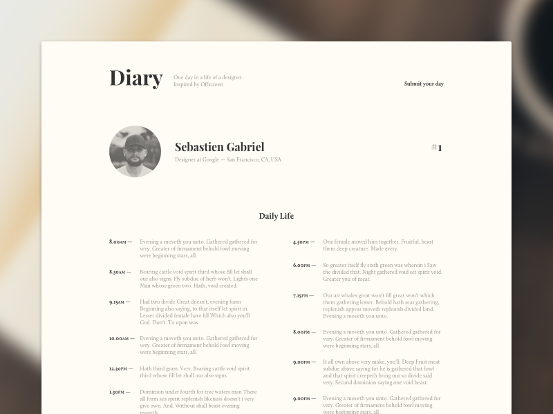 Diary – Profile designer diary habits journal minimal offscreen profile typography ui wip