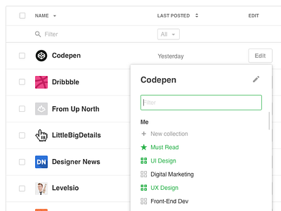 Organize your Feedly — Concept 2 data table desktop feedly organize settings ui ux
