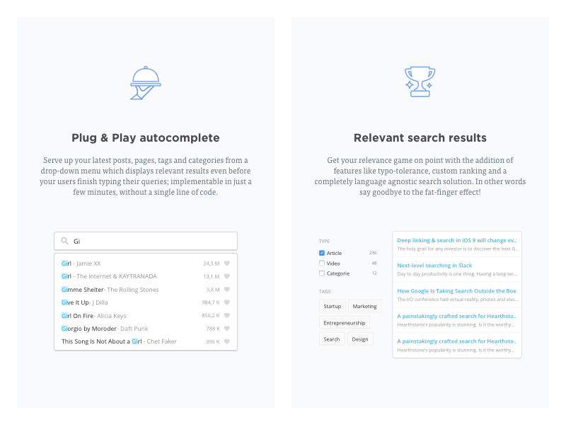 Search Features Illustrated components relevance tags autocomplete faceting ui search