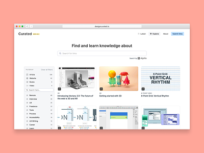 🎉 Curated is live! app card clean curated data design facets filters knowledge learning links minimal news search simple ui ux