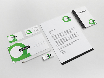 Stationary design for Q-Mechanism branding business card corporate identity envelop letterhead notebook