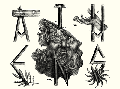 Athens athens greek god handlettering handtype mithology pencil drawing sculpture illustration stamp zeus