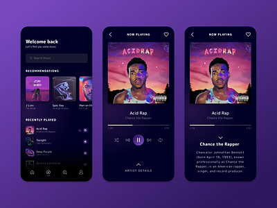 Music App app artist audio player chance the rapper mobile app music music app music player playlists songs ui