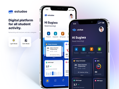 Exploration : ESTUDEE Student App academic activity campus civitas clean dark mode dashboard elearning lecturer light mode mobile neat statistic student study ui