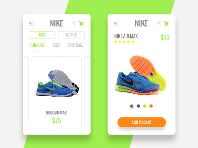 Nike Product Display display ecommerce green mobile nike online shop product shoes sport shoes swipe card ui
