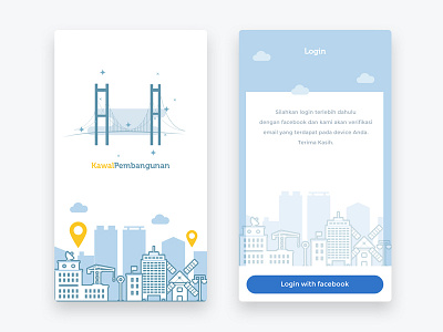 Kawal Pembangunan App blue bridge illustration building login facebook splash screen ui
