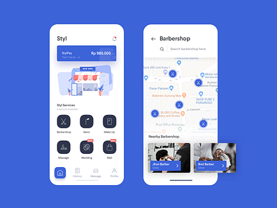 Styl App Exploration barbershop blue clean homescreen illustration maps mobile result salon search shop ui