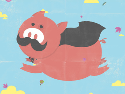 Fly Piggy Fly! blue cape clouds flying moustache pig pink sky yellow