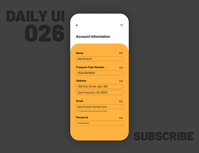 026_Subscribe account information airline button checkbox color daily 100 challenge dailyui flatdesign form illustration input ios minimalist mobile design settings subscribe travel app webdesign