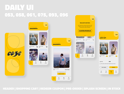 Clothing App // Daily UI Challenge clothing app currently in stock dailyui 053 dailyui 058 dailyui 061 dailyui 075 dailyui 093 dailyui 096 dailyuichallenge header design header navigation in stock mobile design online shop pre order redeem coupon shopping app shopping cart splash page splashscreen