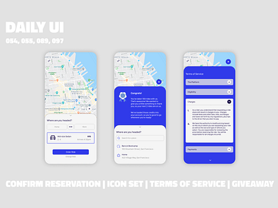Ride Sharing App // Daily UI Challenge app design confirm reservation daily100challenge dailyui 054 dailyui 055 dailyui 089 dailyui 097 dailyuichallenge flatdesign giveaway icon set ios design minimalist mobile app design ride share ride sharing app ridesharing terms of service