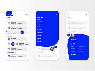 Menu to Profile Flow app design app designer branding clean color design email email app flat hover inbox menu minimalist product design profile ui ux ux design webdesign